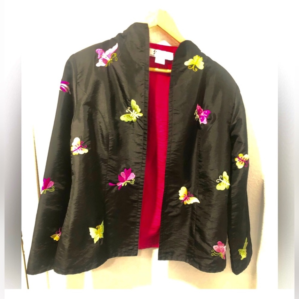 Embroidered Butterfly Open-Front Black Blazer Style Jacket